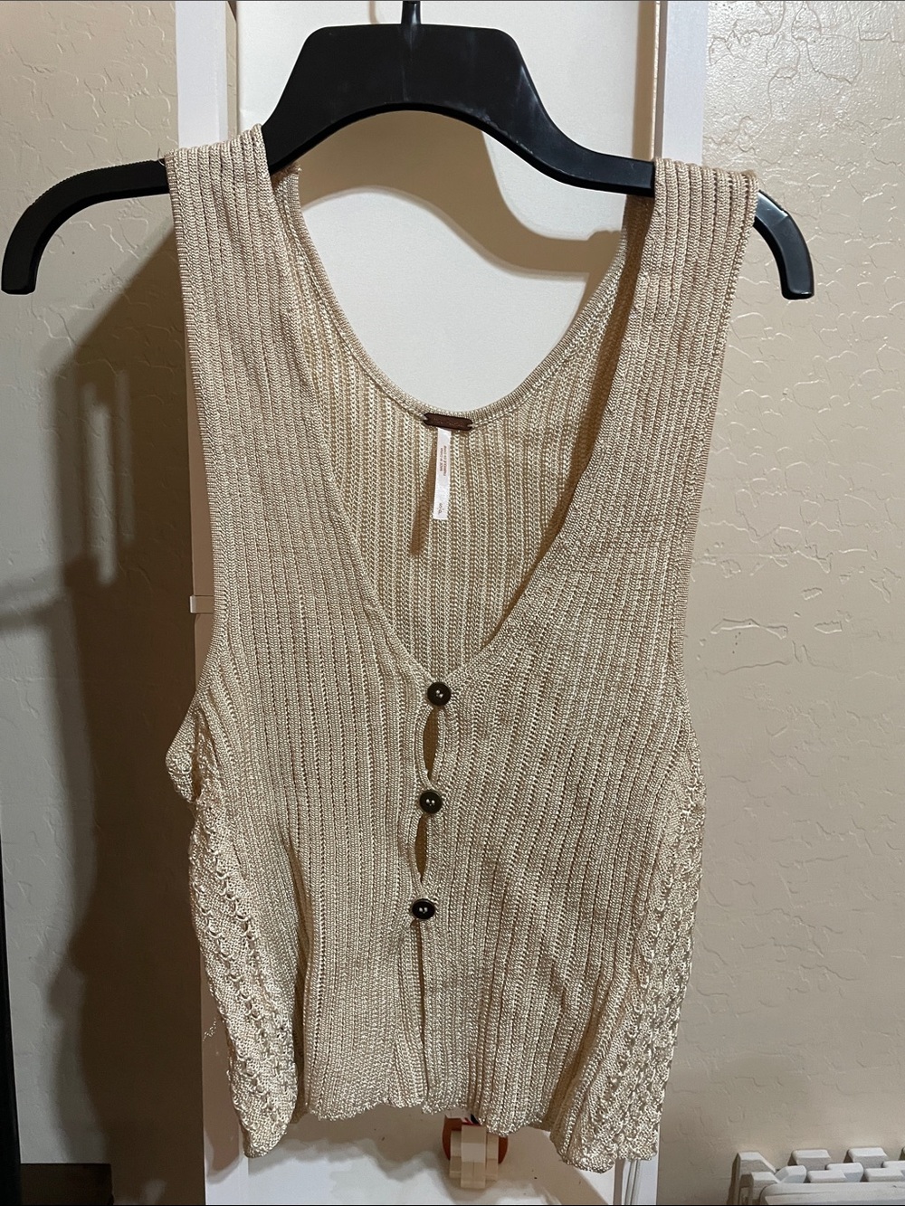 Free People Cream / Gold Ribbed Button-Front Tank
